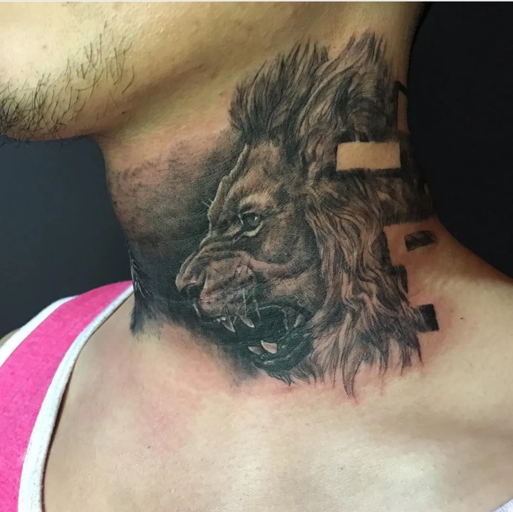 21 Terrific Lion Face Tattoo On Neck - Psycho Tats